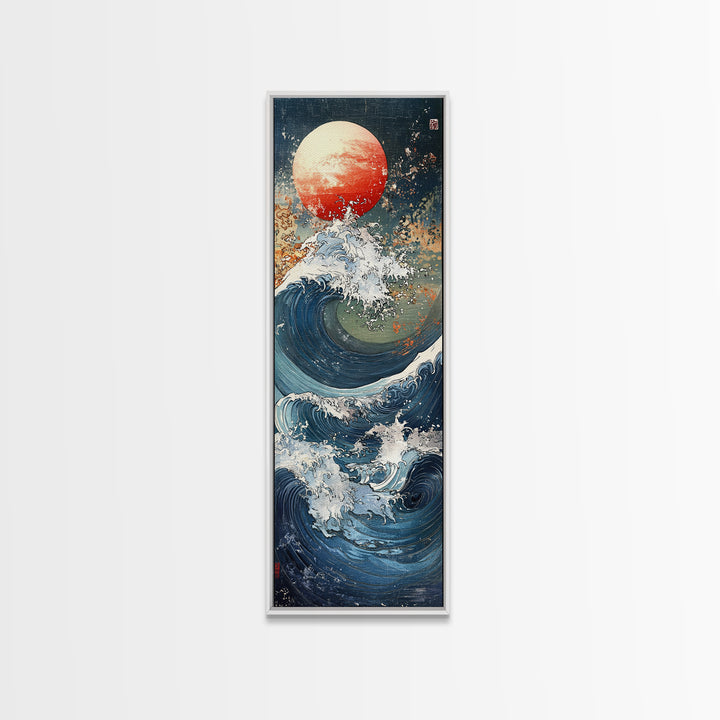 Great Wave With Red Sun Framed Canvas Print, Japanese Wall Art, Ocean Seascape, Nautical Decor, Bold Coastal Gift, Living Room Wall Decor