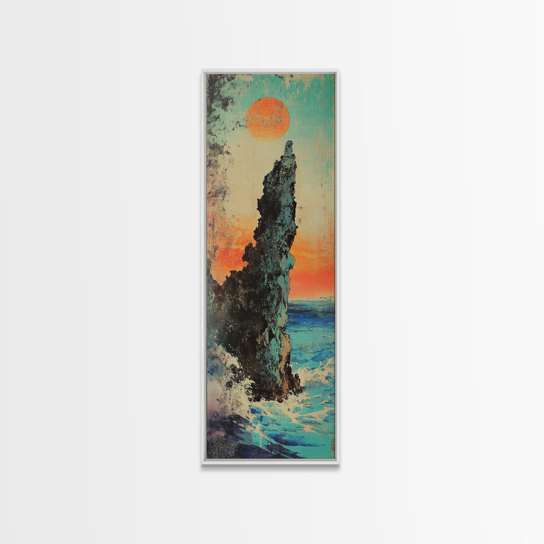 Dramatic Sea Stack At Sunset Wall Art, Japanese Coastal Landscape Print, Ocean Cliff Decor, Tall Narrow Canvas Gift, Living Room Decor