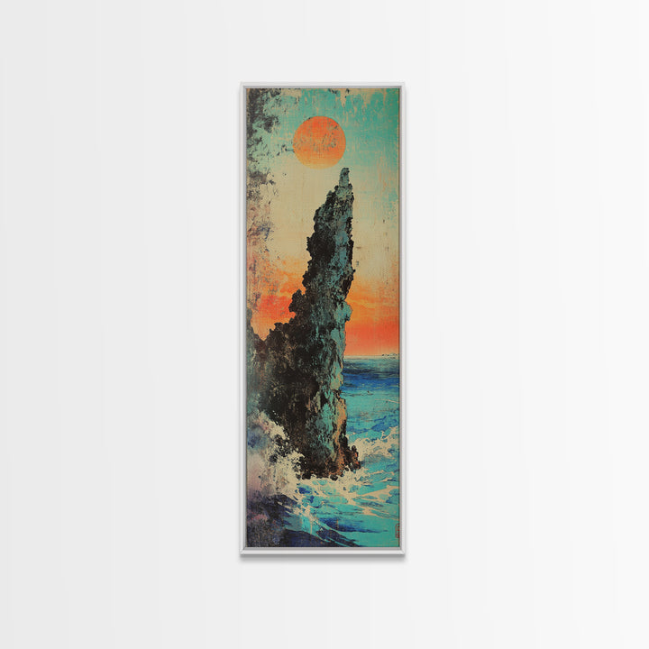 Dramatic Sea Stack At Sunset Wall Art, Japanese Coastal Landscape Print, Ocean Cliff Decor, Tall Narrow Canvas Gift, Living Room Decor