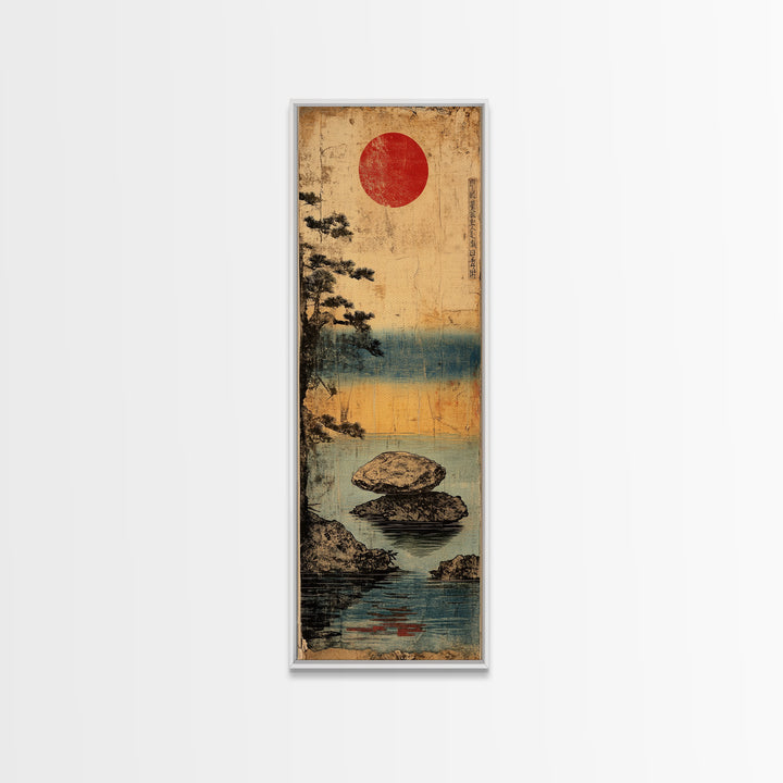 Misty Lake Rocks With Red Sun Wall Art, Japanese Landscape Print, Zen Coastal Decor, Japandi Living Room Wall Decor Gift