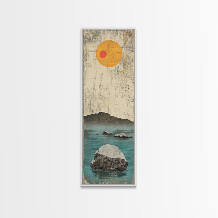 Minimal Ocean Rocks Beneath Yellow Sun Canvas Print, Japanese Seascape Wall Art, Neutral Coastal Decor, Zen Home Decor Gift