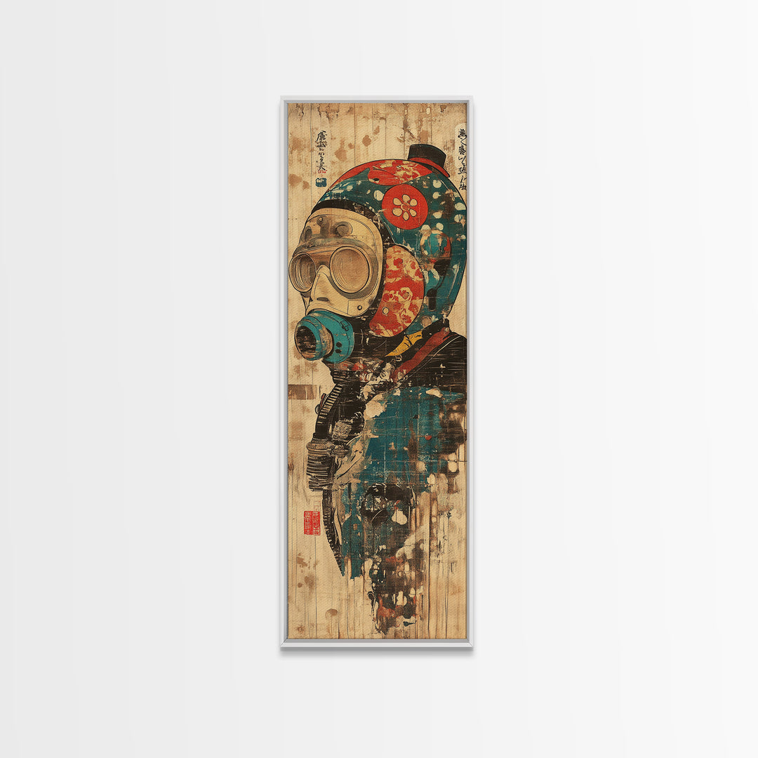 Steampunk Gas Mask Diver Helmet Framed Canvas Print, Japanese Cyberpunk Wall Art, Industrial Decor, Sci Fi Gift For Him Poster