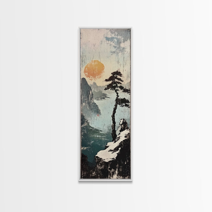 Misty Cliff Pine Lake Canvas Print, Japanese Landscape Wall Art, Neutral Nature Poster, Zen Home Decor, Office Wall Decor