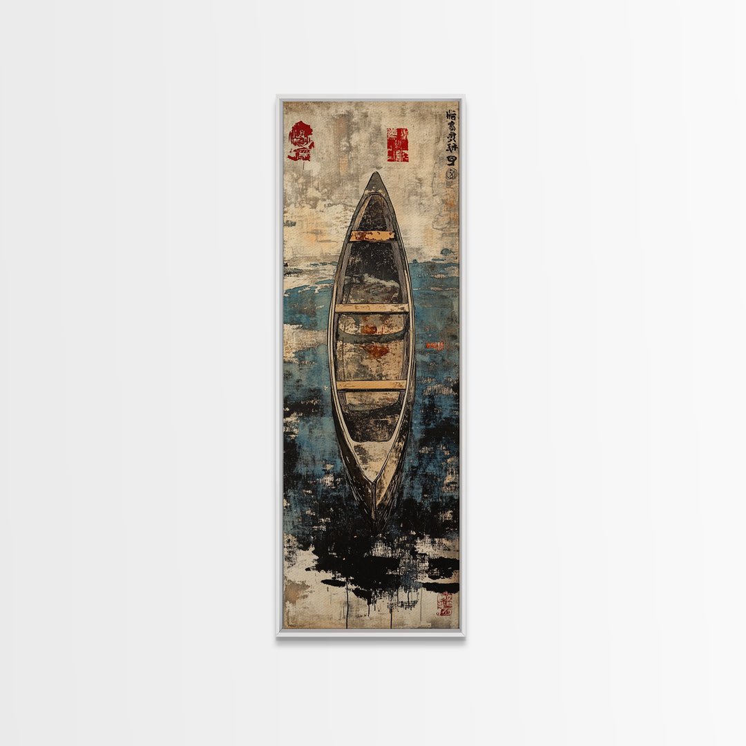 Weathered Canoe On Deep Blue Water Canvas Print, Coastal Boat Wall Decor, Nautical Lake House Art Print, Rustic Home Decor