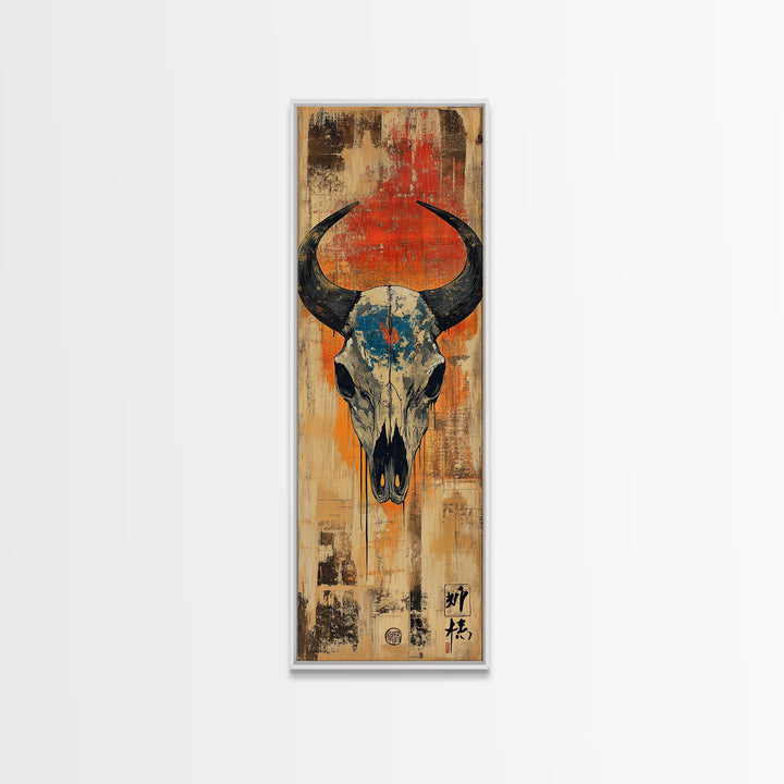 Western Bull Skull On Distressed Wood Wall Art, Rustic Cowboy Decor, Southwestern Canvas Print, Ranch Housewarming Gift Art