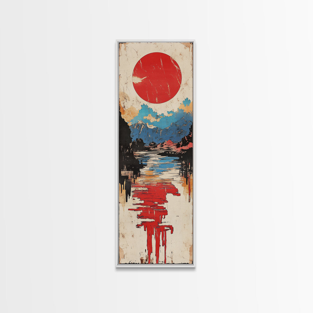 Red Sun Over Reflective Lake Wall Art, Japanese Landscape Print, Modern Coastal Decor, Serene Living Room Canvas Print, Home Decor