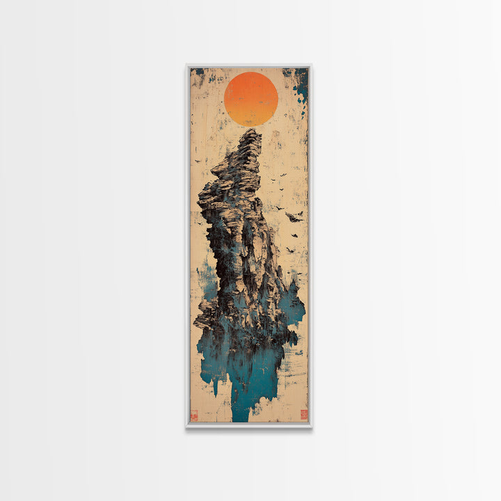 Rocky Sea Stack Under Orange Sun Wall Art, Japanese Landscape Canvas Print, Coastal Nature Decor, Minimalist Home Decor Art