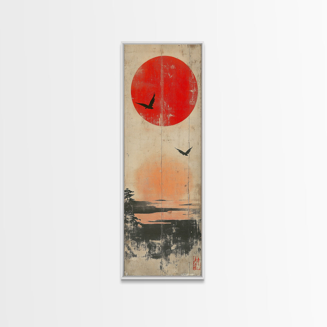 Red Sun And Birds Over Misty Lake Wall Art, Japanese Landscape Print, Minimalist Nature Decor, Serene Canvas Print, Home Decor