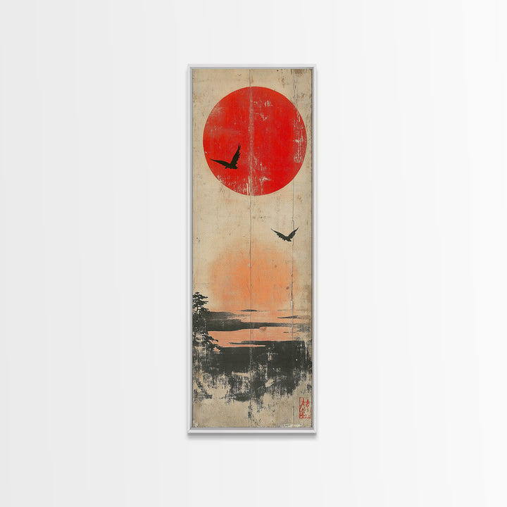 Red Sun And Birds Over Misty Lake Wall Art, Japanese Landscape Print, Minimalist Nature Decor, Serene Canvas Print, Home Decor