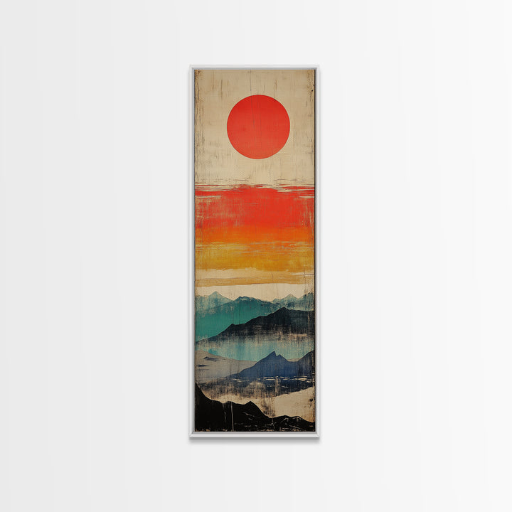 Red Sun Above Layered Blue Mountains Wall Art, Japanese Landscape Canvas Print, Mid Century Decor, Modern Living Room Art