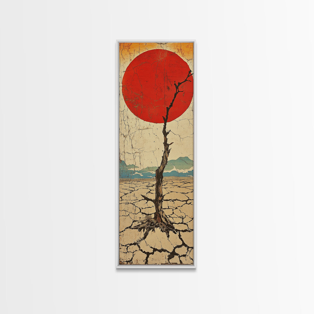 Red Sun Desert Tree Wall Art, Japanese Inspired Landscape Print, Rustic Wabi Sabi Decor, Long Narrow Canvas For Living Room