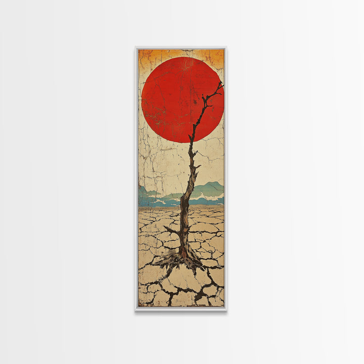 Red Sun Desert Tree Wall Art, Japanese Inspired Landscape Print, Rustic Wabi Sabi Decor, Long Narrow Canvas For Living Room
