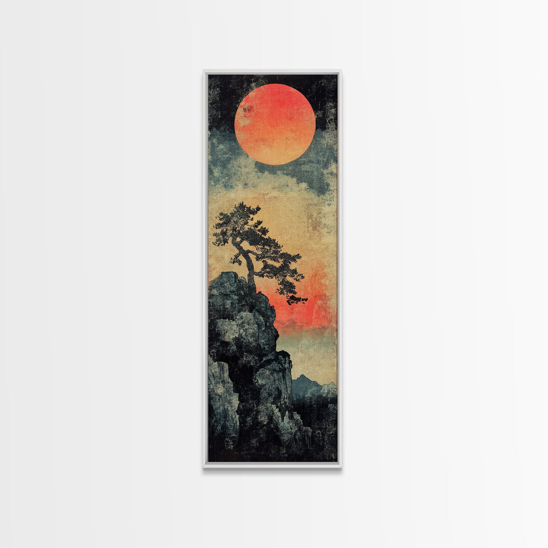 Cliff Pine Red Sun Framed Canvas Print, Japanese Landscape Wall Decor, Moody Nature Art, Vertical Poster For Living Room