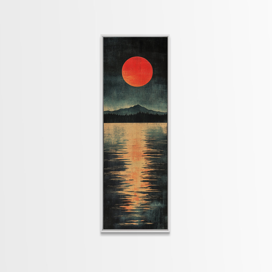 Red Sun Mountain Lake Canvas Print, Japanese Landscape Wall Decor, Moody Reflection Art, Long Narrow Poster For Modern Living Room