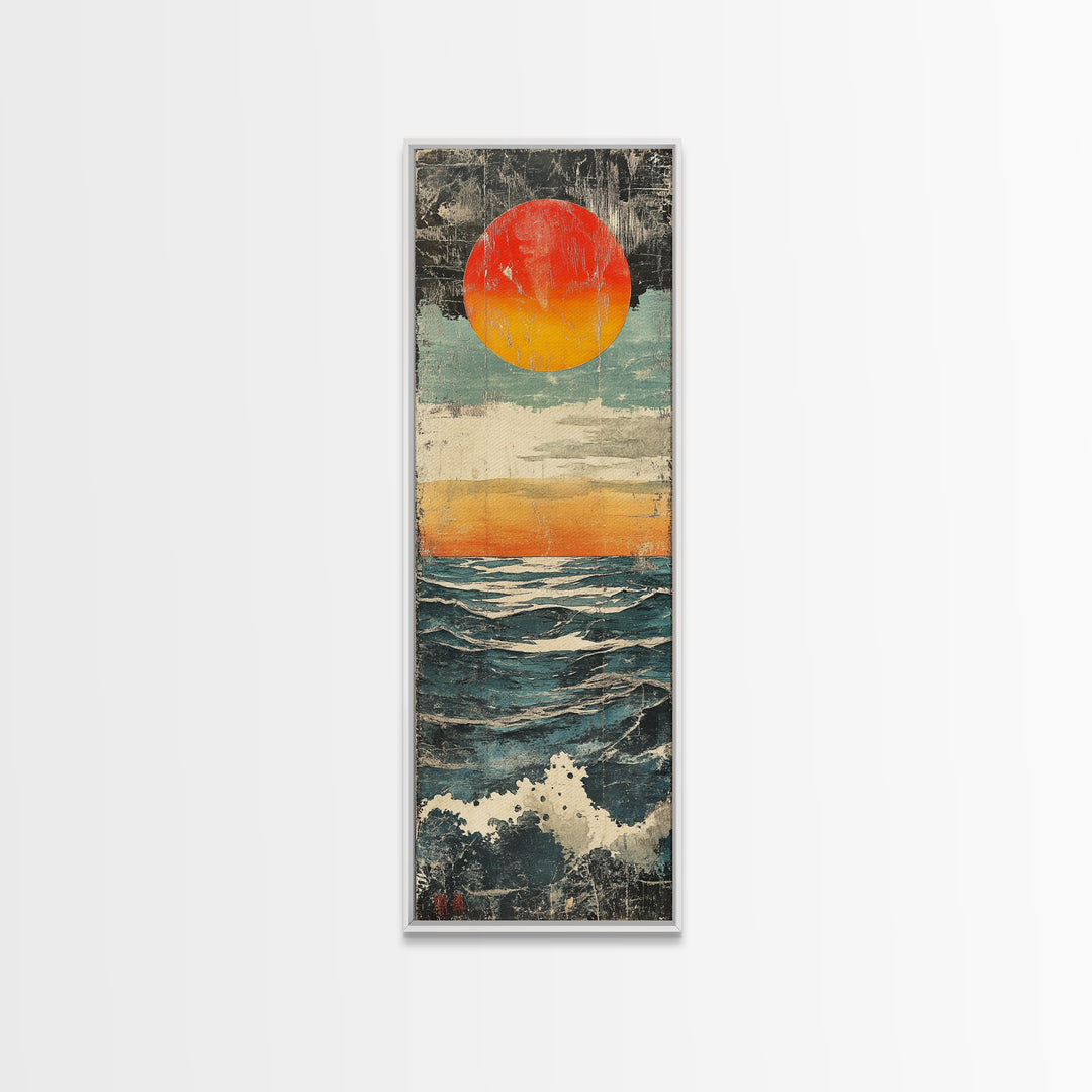 Abstract Ocean Sunset Wall Art, Red Sun Seascape Print, Coastal Wall Decor, Textured Wave Poster For Beach House Living Room