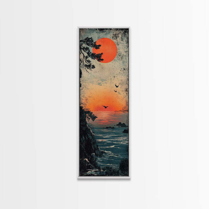 Coastal Cliff Red Sun Framed Canvas Print, Japanese Seascape Wall Art, Moody Ocean Decor, Bird Poster For Bedroom Or Office
