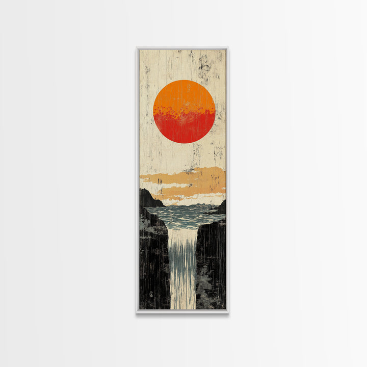 Orange Sun Waterfall Canvas Print, Japanese Cliff Landscape Wall Decor, Nature Poster, Wabi Sabi Art For Bathroom Or Office