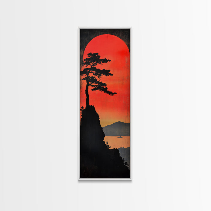 Pine Silhouette Red Sun Wall Art, Japanese Lake Landscape Print, Moody Nature Decor, Long Narrow Canvas For Modern Living Room