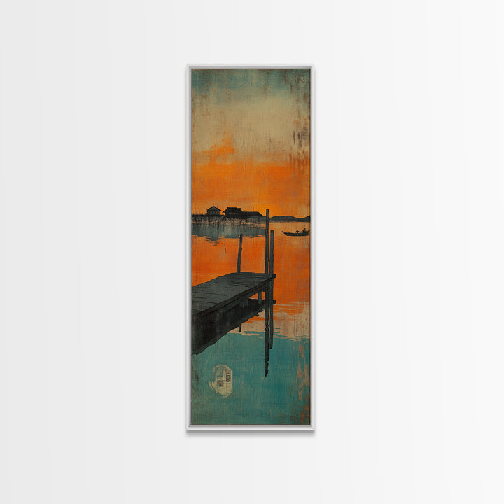 Orange Sunset Dock Wall Art, Moody Seascape Canvas, Coastal Wall Decor, Lake House Decor For Nautical Living Room, Home Decor