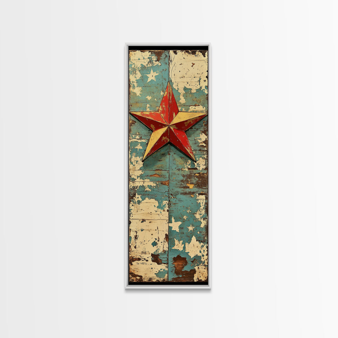 Rustic Red Star On Blue Wood Wall Art, Americana Canvas Print, Farmhouse Wall Decor, Patriotic Western Home Decor, Porch Decor