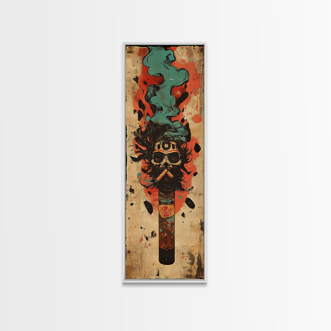 Smoking Tribal Mask With Teal Smoke Canvas Print, African Inspired Art, Afrocentric Wall Decor, Bold Man Cave Decor Gift