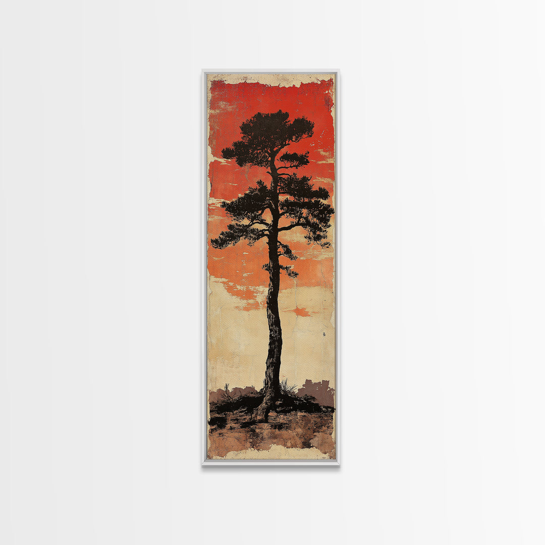 Lone Black Pine Tree At Red Sunset Canvas Print, Japanese Wall Art, Rustic Landscape Art, Long Narrow Nature Wall Decor Gift