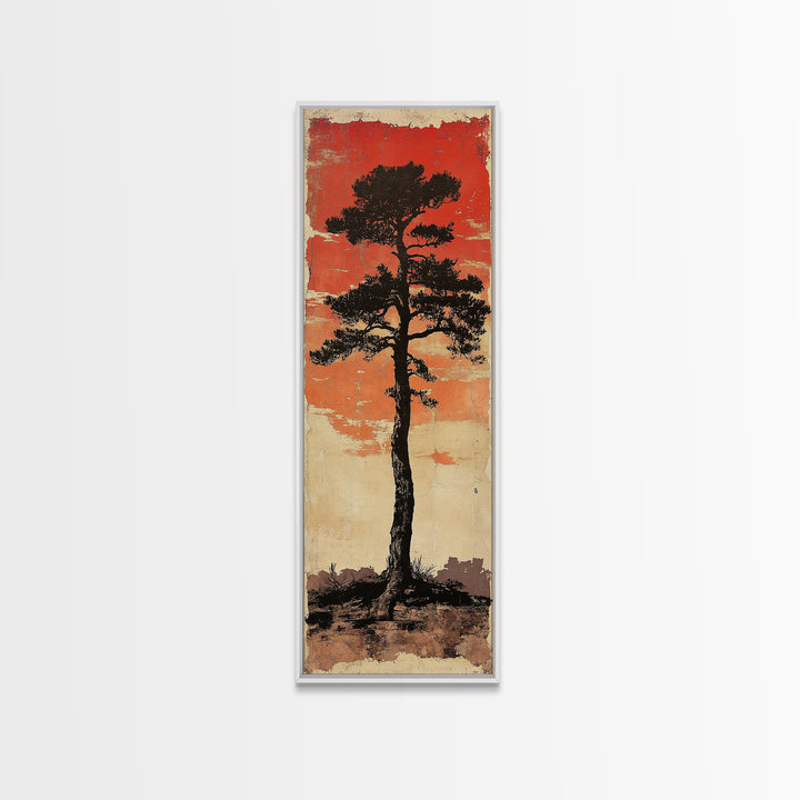 Lone Black Pine Tree At Red Sunset Canvas Print, Japanese Wall Art, Rustic Landscape Art, Long Narrow Nature Wall Decor Gift