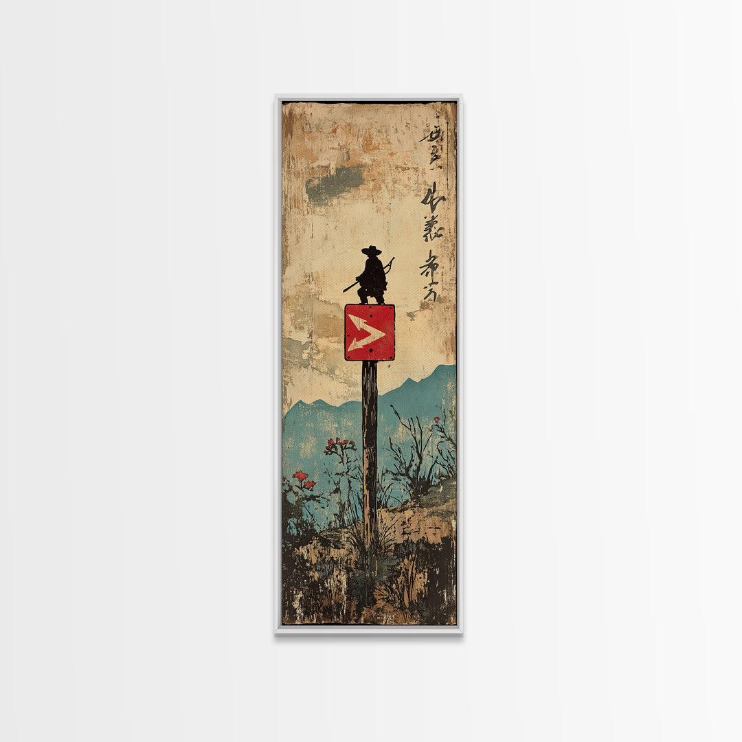 Samurai Silhouette On Mountain Signpost Wall Art, Japanese Landscape Print, Asian Inspired Decor, Long Narrow Home Decor Gift