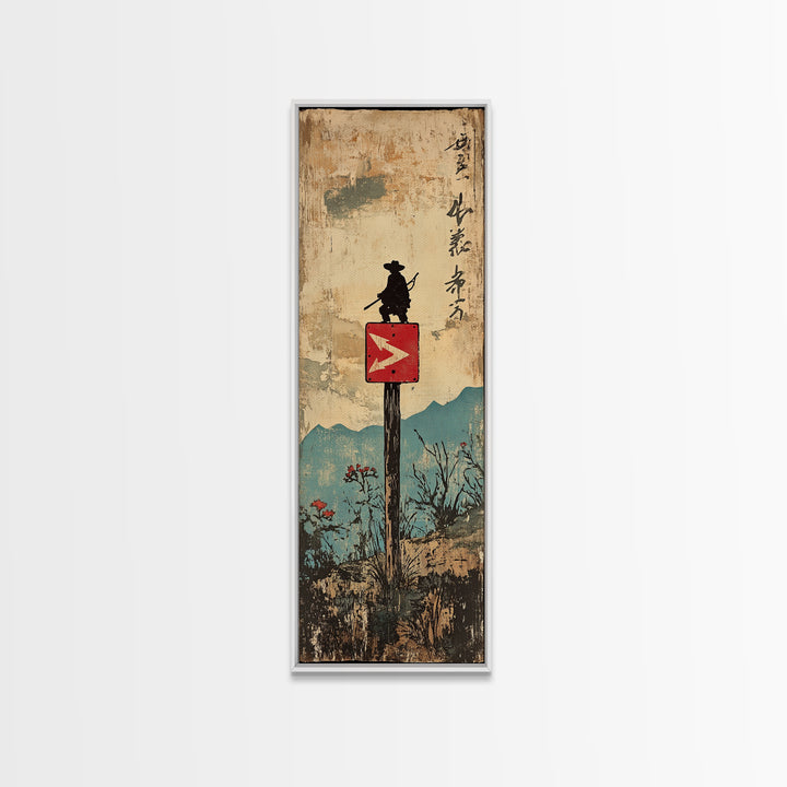 Samurai Silhouette On Mountain Signpost Wall Art, Japanese Landscape Print, Asian Inspired Decor, Long Narrow Home Decor Gift