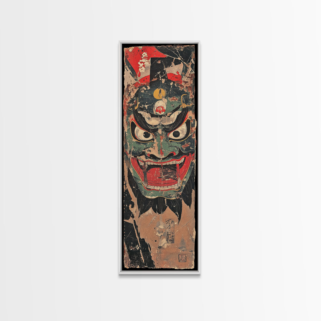 Fierce Japanese Oni Demon Mask Framed Canvas Print, Kabuki Wall Art, Dark Fantasy Decor, Bold Samurai Artwork Gift For Him