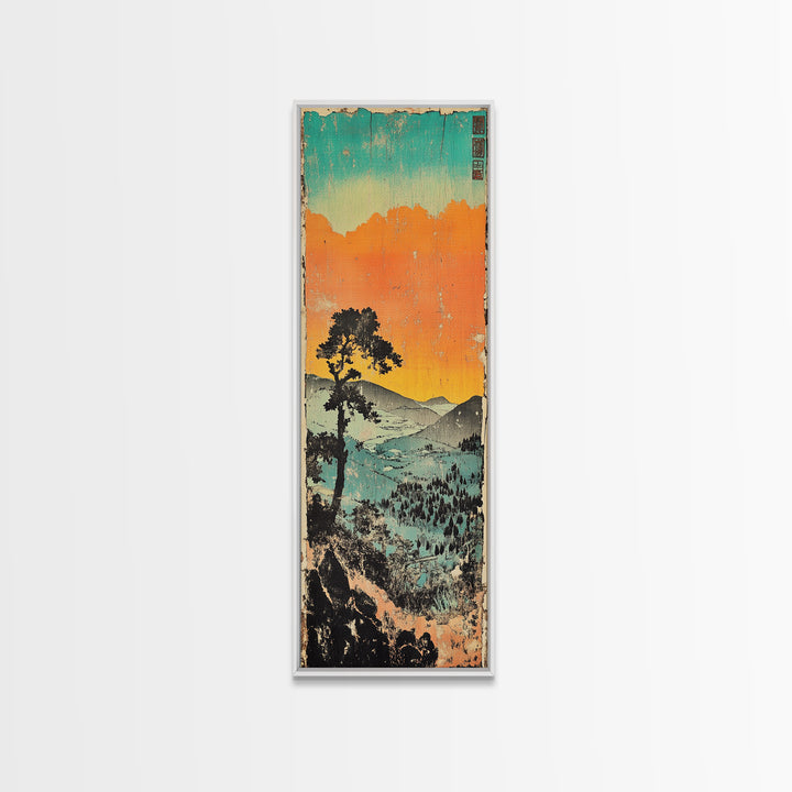 Orange Sunset Mountain Valley Canvas Print, Japanese Landscape Wall Art, Coastal Teal Nature Decor, Long Narrow Wall Decor