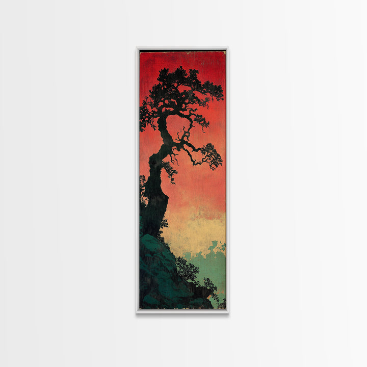 Twisted Black Pine Tree At Red Dusk Canvas Print, Japanese Wall Art, Moody Landscape Decor, Long Narrow Nature Gift For Her