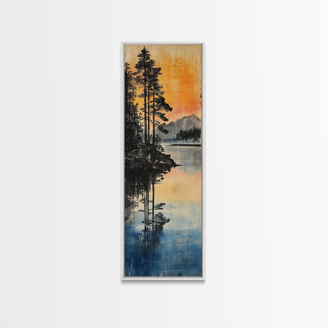 Misty Pine Lake Reflection Sunset Mountains Wall Art, Japanese Landscape Print, Rustic Cabin Decor, Nature Living Room Art