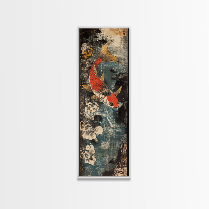 Red And Gold Koi Fish With White Flowers Wall Art, Japanese Koi Art, Asian Bathroom Decor, Zen Nature Canvas Print, Living Room Decor