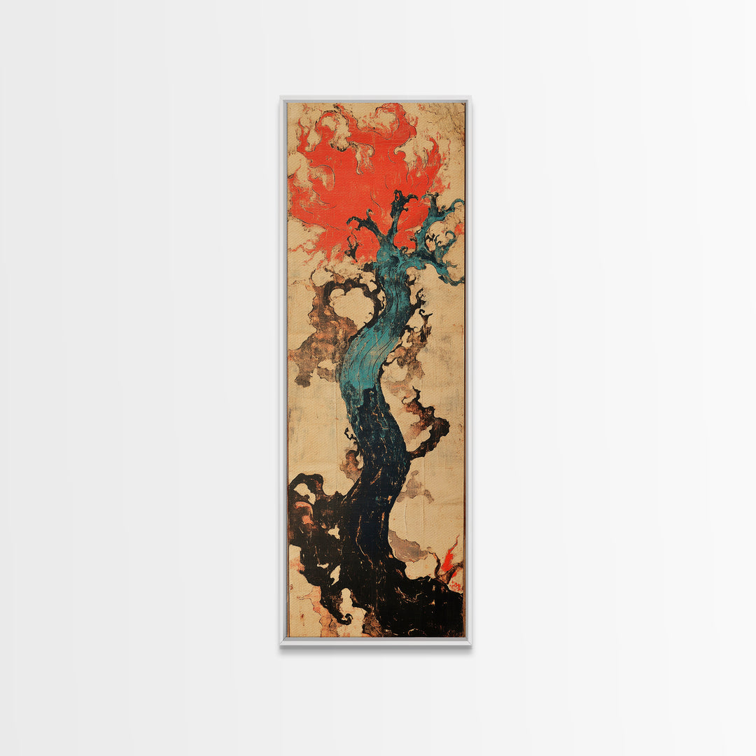 Teal Twisted Tree With Red Flame Clouds Framed Canvas Print, Japanese Abstract Wall Art, Moody Organic Modern Decor, Statement Art