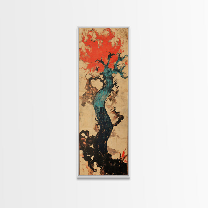 Teal Twisted Tree With Red Flame Clouds Framed Canvas Print, Japanese Abstract Wall Art, Moody Organic Modern Decor, Statement Art