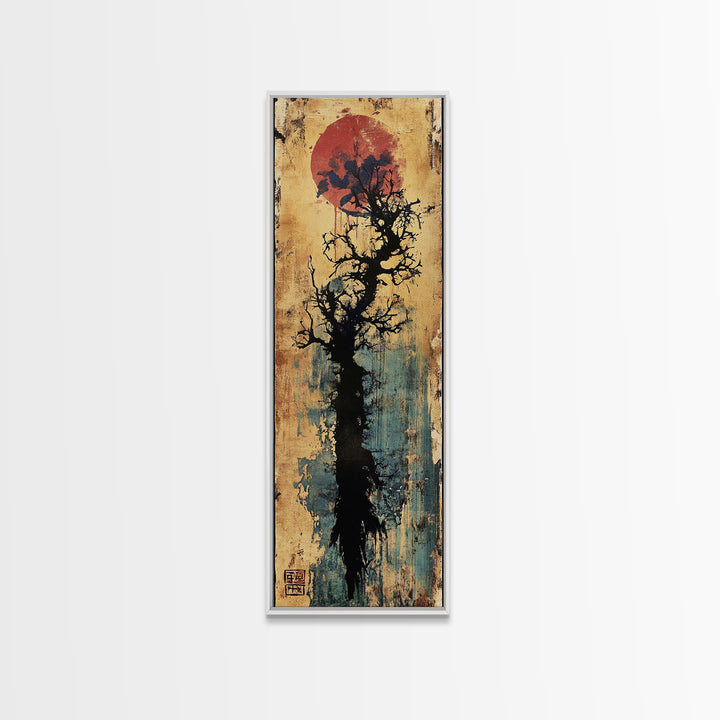 Bare Black Tree Under Crimson Moon Wall Art, Japanese Ink Landscape, Dark Academia Decor, Moody Zen Living Room Art, Canvas Print