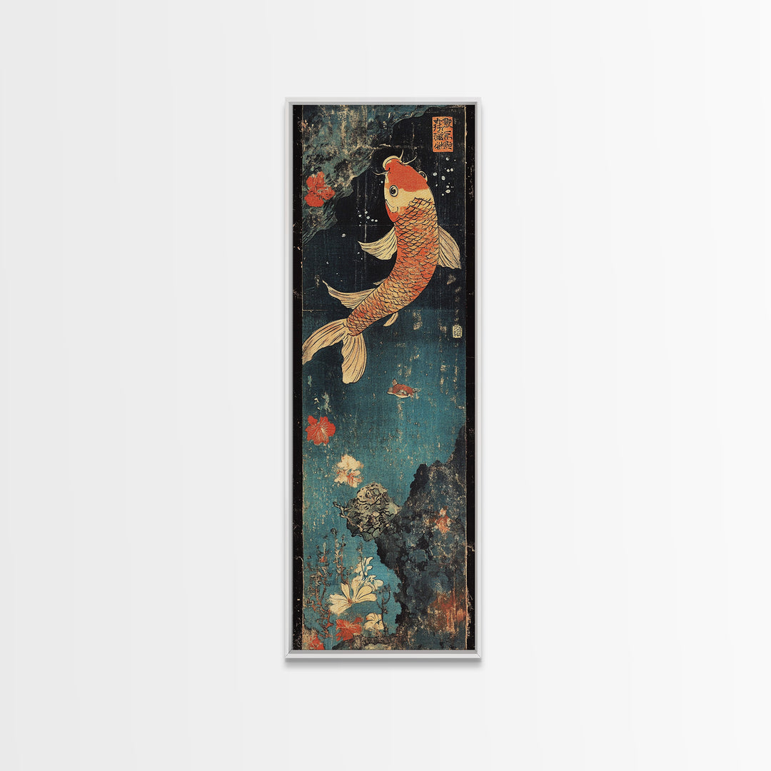 Golden Koi Fish With Coral Flowers Framed Canvas Print, Japanese Koi Wall Art, Zen Bathroom Decor, Asian Nature Art Print