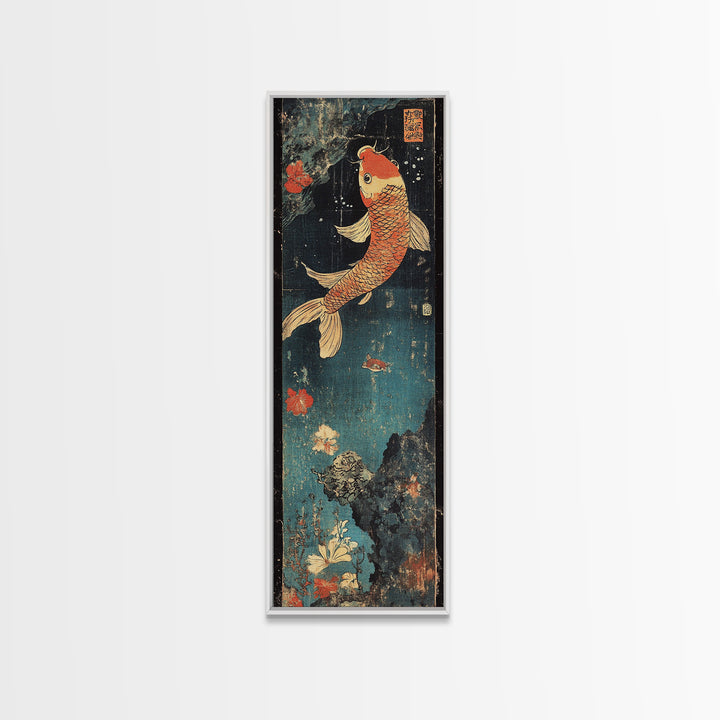 Golden Koi Fish With Coral Flowers Framed Canvas Print, Japanese Koi Wall Art, Zen Bathroom Decor, Asian Nature Art Print