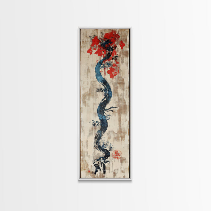 Blue Twisting Tree With Red Blossoms Canvas Print, Japanese Botanical Wall Art, Minimalist Nature Decor, Modern Zen Art Print