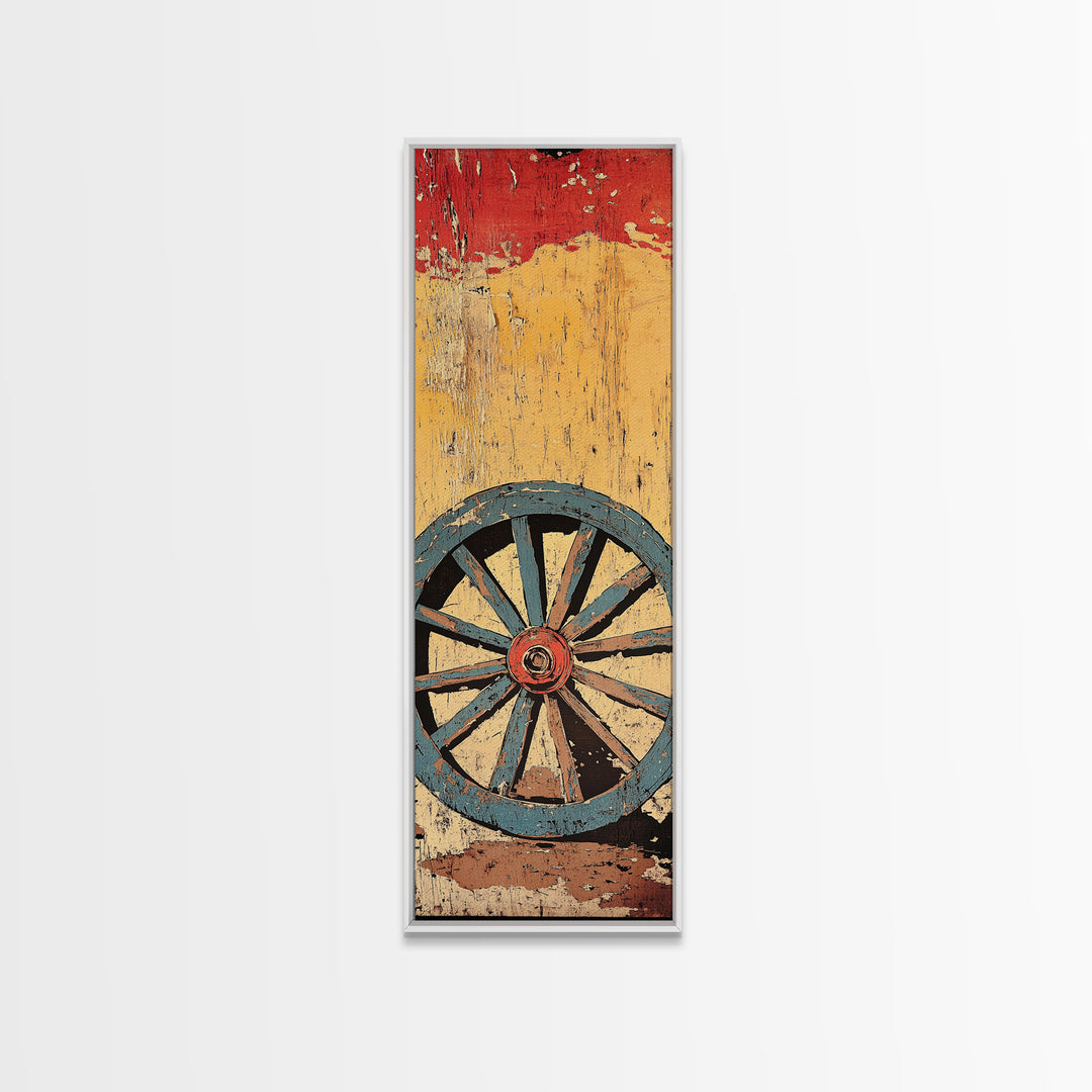 Blue Wagon Wheel Wall Art, Rustic Western Canvas Print, Distressed Farmhouse Decor For Country Home And Living Room Wall Decor