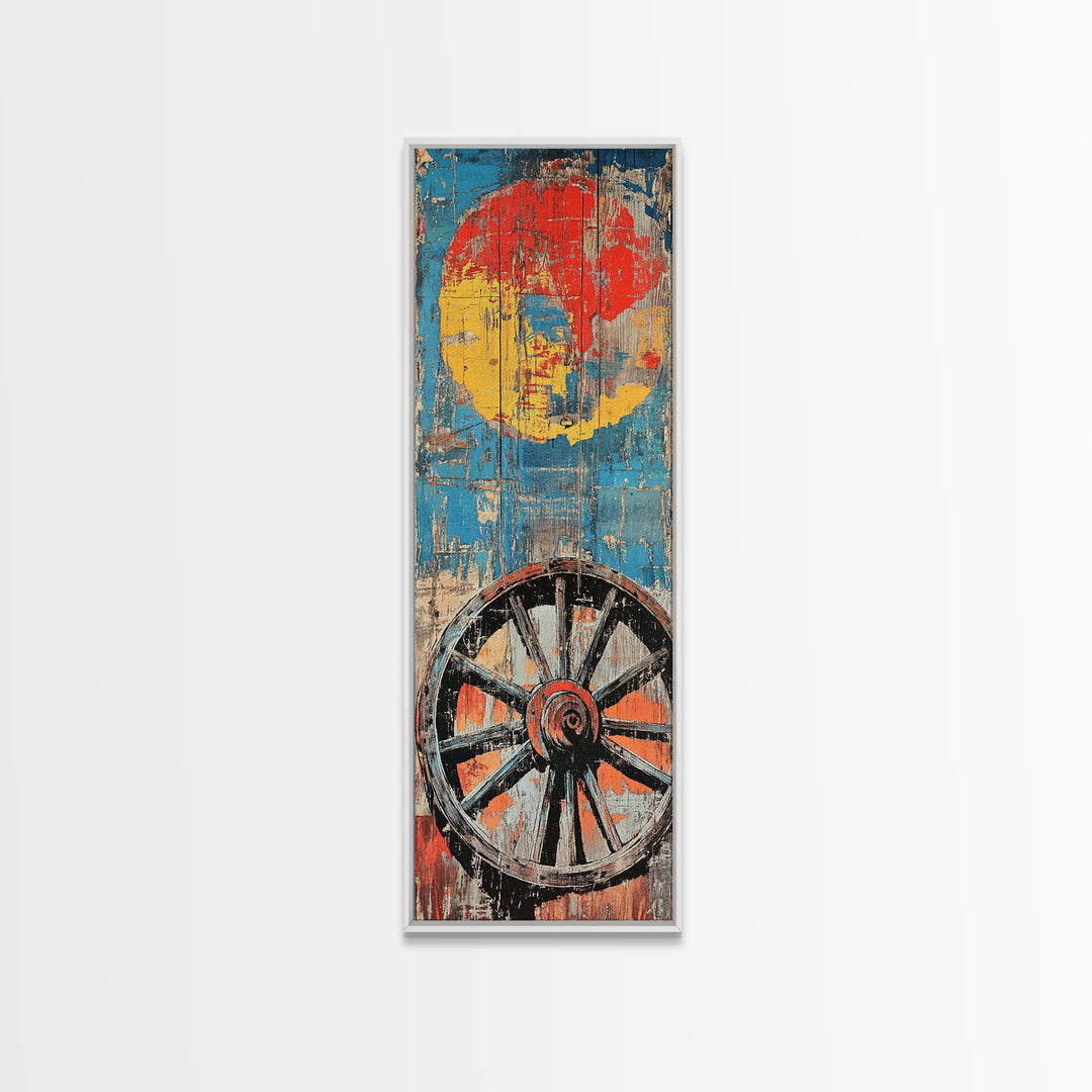 Wagon Wheel With Red Sun Wall Art, Rustic Western Canvas Print, Bold Farmhouse Decor For Living Room And Country Home Wall Decor