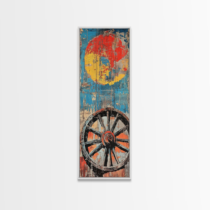 Wagon Wheel With Red Sun Wall Art, Rustic Western Canvas Print, Bold Farmhouse Decor For Living Room And Country Home Wall Decor