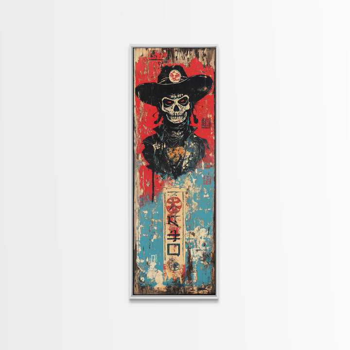 Skeleton Cowboy In Black Hat Wall Art, Gothic Western Canvas Print, Dark Americana Decor For Man Cave And Eclectic Room Decor