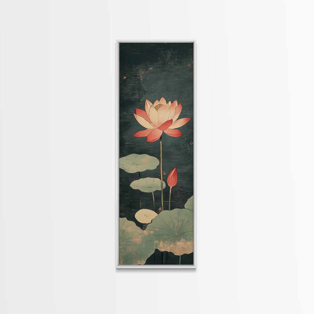 Pink Lotus Flower Pond Wall Art, Japanese Botanical Canvas Print, Serene Nature Decor For Spa Bathroom And Meditation Room