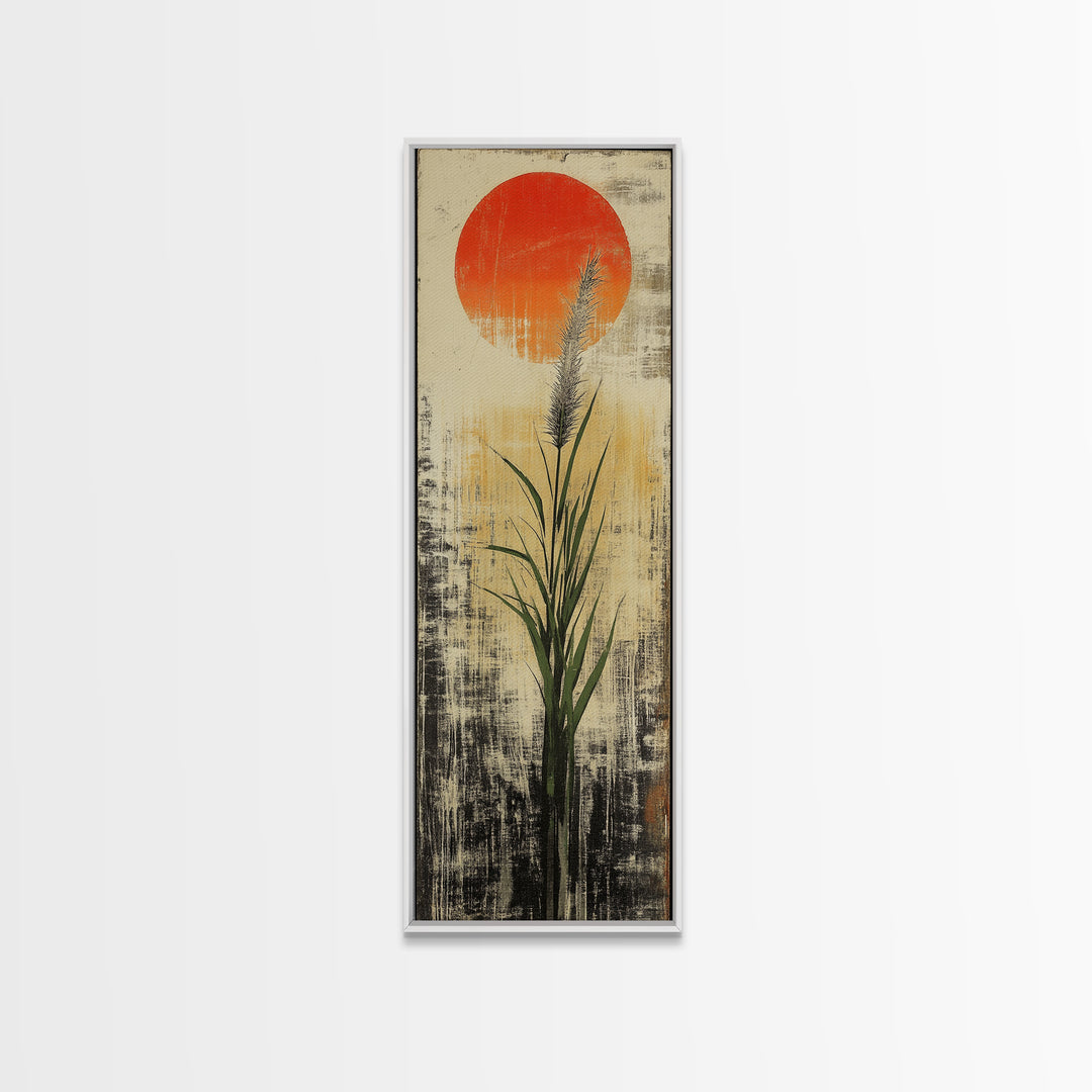 Tall Reed Grass With Red Sun Wall Art, Japanese Botanical Canvas Print, Minimal Nature Decor For Japandi Living Room Wall Decor