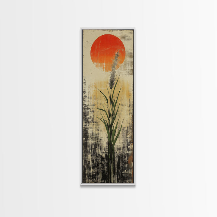 Tall Reed Grass With Red Sun Wall Art, Japanese Botanical Canvas Print, Minimal Nature Decor For Japandi Living Room Wall Decor