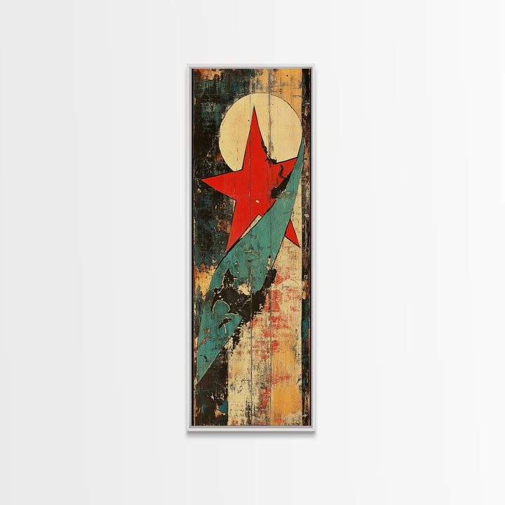 Red Star And Teal Rocket Abstract Canvas Print, Mid Century Modern Wall Art, Retro Futuristic Art, Bold Office Decor, Home Decor