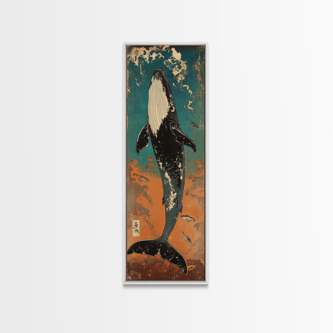 Humpback Whale Rising Through Teal Waves Wall Art, Japanese Woodblock Style, Ocean Wall Art, Marine Life Art, Coastal Decor