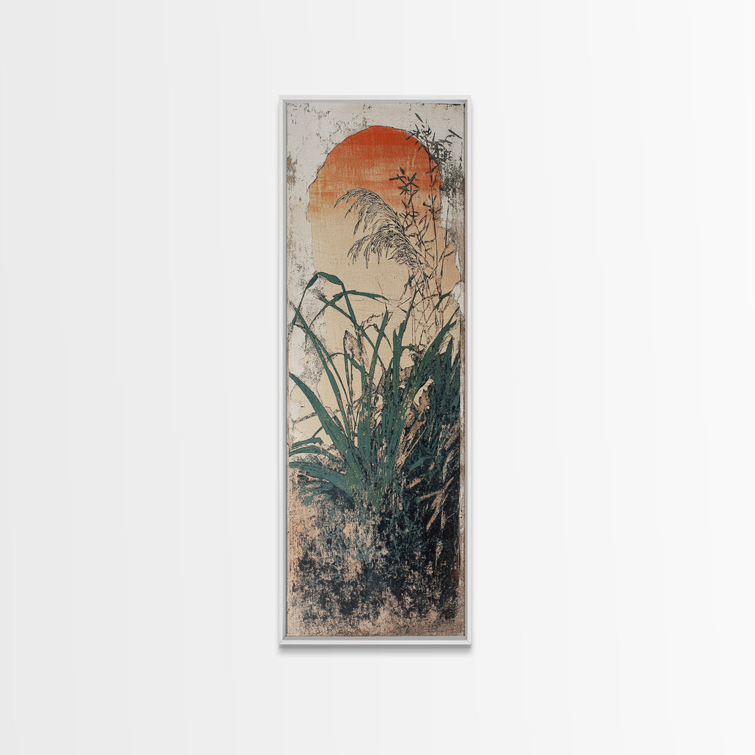 Orange Sun And Wild Grass Wall Art, Japanese Botanical Print, Japandi Decor, Minimalist Nature Art, Vertical Canvas Print